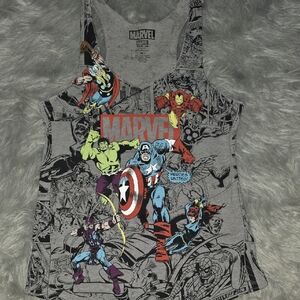 Marvel Gray Superhero Graphic Tank Top with Red, Blue, Green Accents